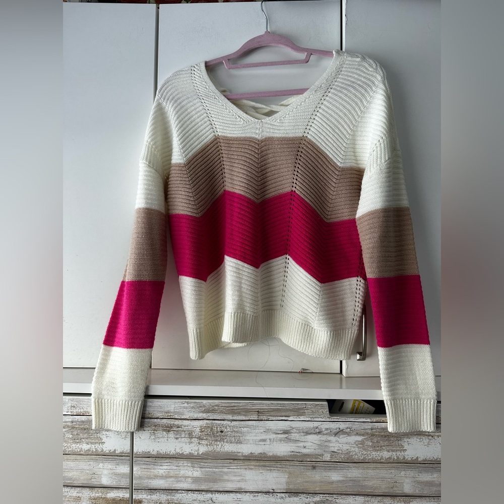 💗 FCT Colorblock Lace-Up Back Sweater Women’s Large Pink Cream Beige